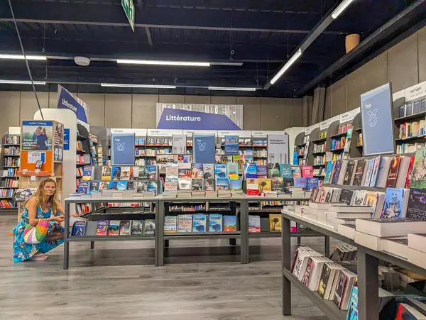 Fransa, 19 Ağustos 2024: Kitaplık ve kitap okuyan bir kadının olduğu bir kitapçının içi