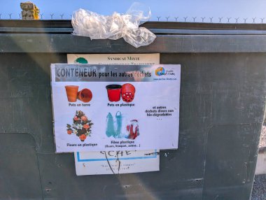 France, 01 November 2024 : Recycling bin notice displaying non-biodegradable items and categories. clipart