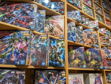 Fransa, Lyon 04 Şubat 2025: Mağazadaki ahşap raflarda Gundam model kitleri sergilendi.