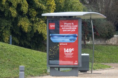 France, 14 December 2024 : Bus stop advertisement showcasing attractive mobile phone offer and pricing clipart