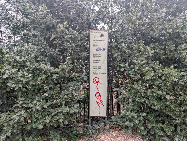 Fransa, Lyon 04 Şubat 2025: Yön bilgisi ve graffiti ile çevrili yeşil noktalar