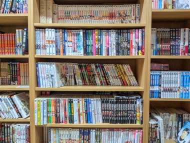 Fransa, Lyon 04 Şubat 2025: Raflar çeşitli serilerden renkli manga kitaplarıyla dolu