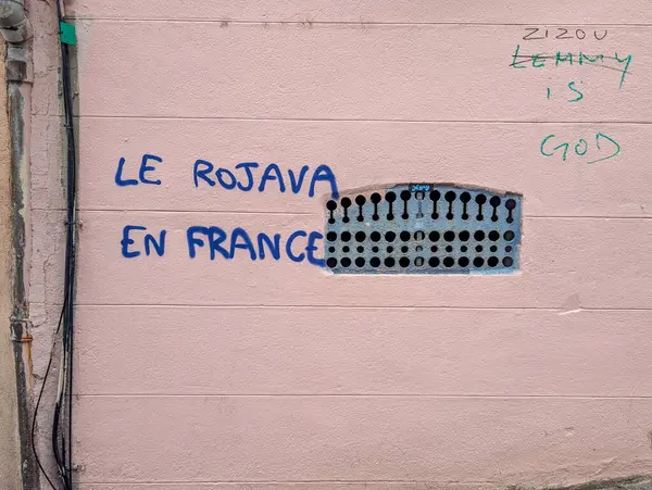 Fransa, Lyon 04 Şubat 2025: Pembe duvarda mavi ve yeşil kelimelerle graffiti