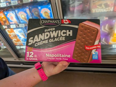 Quebec, Kanada, 04 Temmuz 2025: Marketin dondurulmuş reyonunda dondurmalı sandviç kutusu
