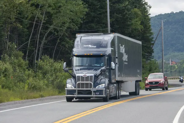 Kanada, 20 Temmuz 2025: Ağaçlarla çevrili kırsal yolda giden büyük siyah kamyonet