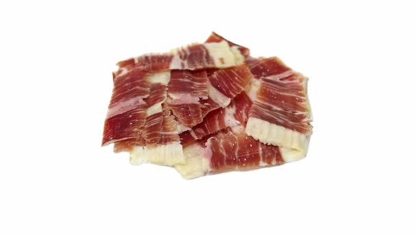 Daging Ham Iberia Diiris Jamn Serrano Berputar Terisolasi Pada Latar — Stok Video
