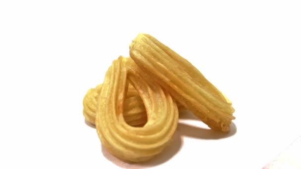 Spinning Churros Isolated White Background Churro Consists Dough Made Flour — Stock Video
