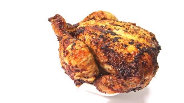 Whole Roast Chicken Rotating Isolated White Background Savor Succulent Perfection — Stock Video