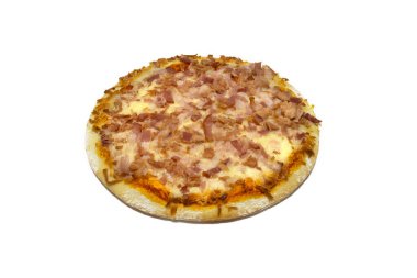 Pizza, geleneksel olarak domates sosu ve mozzarella ile kaplanmış, buğday unu, maya, su ve tuzdan yapılmış, genellikle dairesel hamurdan yapılmış bir yemektir. Beyaz bir arkaplanda izole edilmiş.