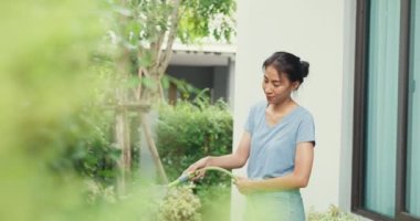 Neşeli mutlu Asyalı kız mavi gömlek giyer bahçedeki bahçe sulama bitkilerini kullanır. Asyalı kadın evdeki çiçekleri nazikçe sulayıp, ev ödevi yaparak ev hayatı kavramını geliştiriyor..