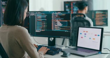 Grup Yetişkin Asya erkeği, kadın serbest yazı yazma komutu AI bot IT uygulaması akıllı program göçebe, video oyunu, kodlama dili terminali, kullanıcı arayüzü, tasarımcı, masaüstü bilgisayardaki büyük veri merkezi.