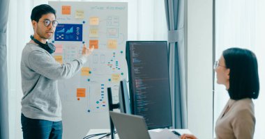 Grup yetişkin Asya erkek yazılım geliştiricileri akıl hocası lider yönetici yönetici yönetici strateji planından yönetici yazılım AI bot uygulaması Nomad, video oyunu, veri merkezi. Beyaz tahta slayt gösterisi kodu.