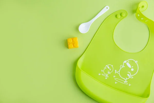 Baby Porridge Cutlery Green Background Baby Food Concept Stock Snímky