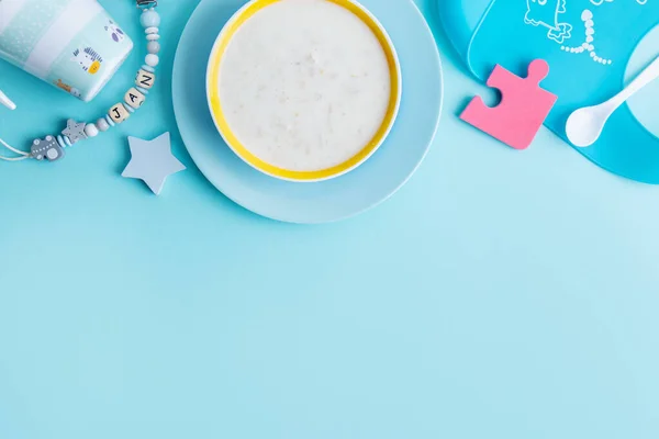 Baby Porridge Cutlery Blue Background Baby Food Concept — Stock Photo, Image