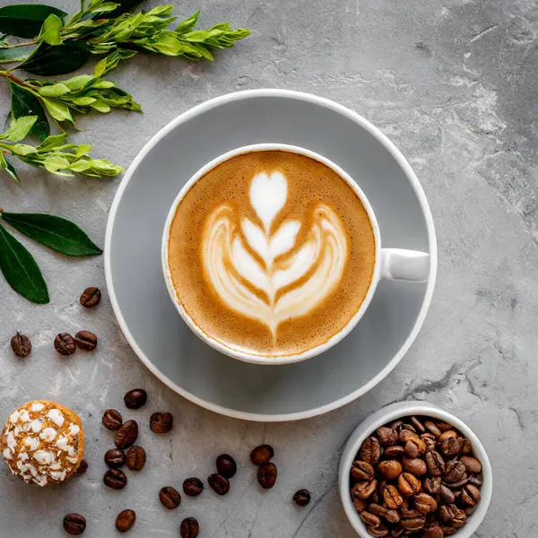Chutné Cappuccino Latte Art Šálku Šedém Pozadí Ilustrace Generative Royalty Free Stock Obrázky