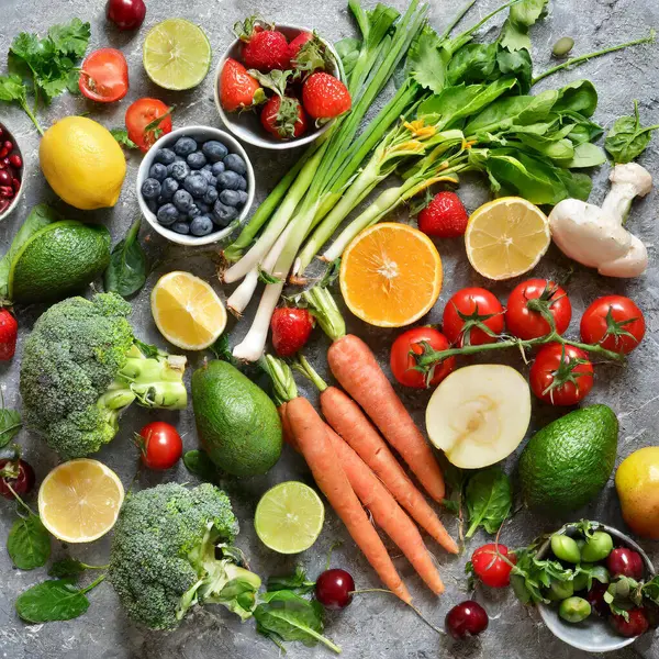 Zdravé Stravování Žijící Koncept Různými Druhy Ovoce Zeleniny Šedém Pozadí Stock Snímky
