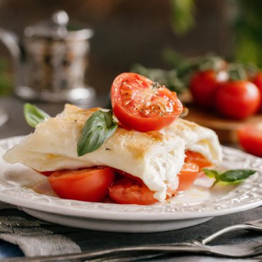 Mozarella soslu lezzetli salata ve masada domatesler. Yakın çekim.