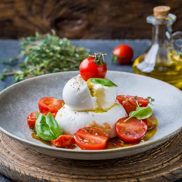 Salade Savoureuse Avec Mozzarella Tomates Sur Table Gros Plan — Photo