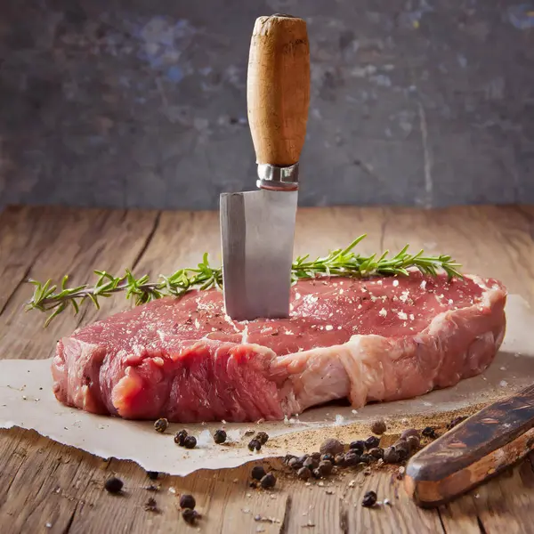 Fresh Steak Ready Cooking Cutting Board Knife Closeup Stock Photo