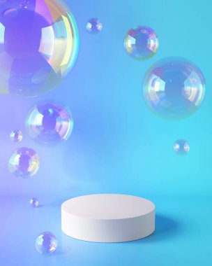Ürün sunumu için 3D canlandırma gerçekçi soyut platform, sabun köpükleri ile buzlu mavi arkaplan standı