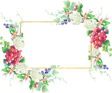 Üzüm meyvesi ve çiçek çelengi ve buket suluboya.