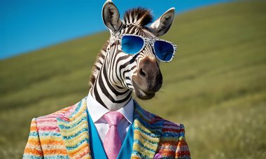 Güneş gözlüklü bir zebra ve mavi takım elbiseli bir zebra. yüksek kaliteli fotoğraf