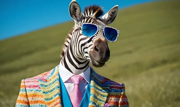 Güneş gözlüklü bir zebra ve mavi takım elbiseli bir zebra. yüksek kaliteli fotoğraf