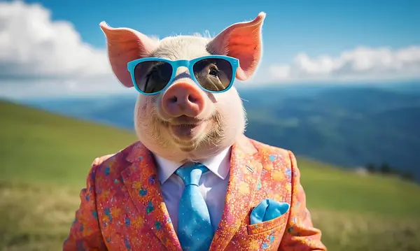 Maskeli domuz ve güneş gözlüğü. Parktaki domuz..