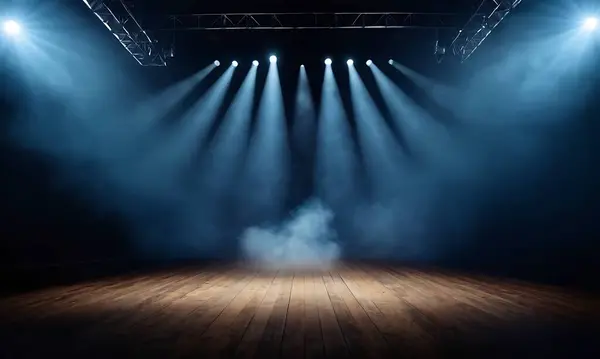 Duman ve dumanla dolu boş bir sahne. Sis ve duman. Boş spot ışıkları. boş sahne arkaplanı.