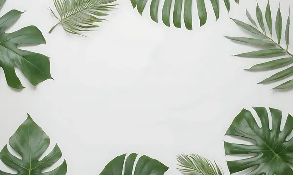 Beyaz arkaplanda yeşil yaprakların ve canavarların üst görünümü