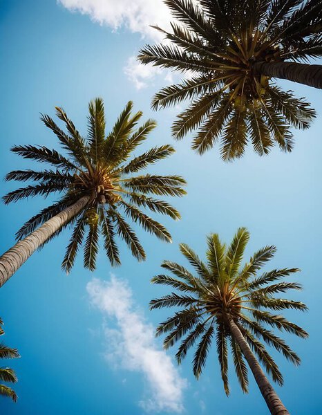 Пальмы, летнее пляжное настроение, голубое небо, вертикальный фон, верхний угол камеры, отпуск