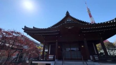 Kyoto, Japonya - 2019 - 19: Kırmızı akçaağaç ağaçlı Kyoto tapınağının güzel manzarası. Japonya ünlü bir turistik merkezdir.