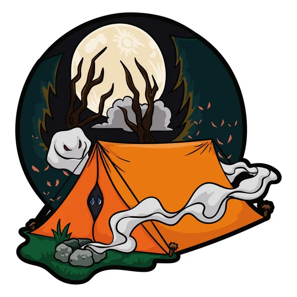 Spooky Camping Scene Scared Person Tent Smoke Extinct Campfire Forest — Stock Vector