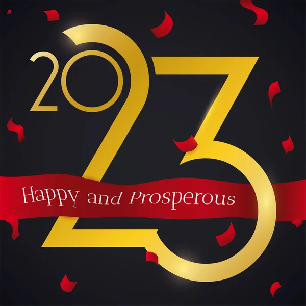 金色的第2023号 在红色的雨点和漆黑的背景下 挥动彩带 向您致以节日的问候 祝您新年快乐 万事如意 — 图库矢量图片