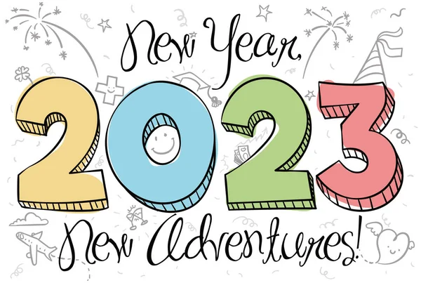 2023号以及宣传新年和冒险的涂鸦 飞机旅行 娱乐等等 — 图库矢量图片