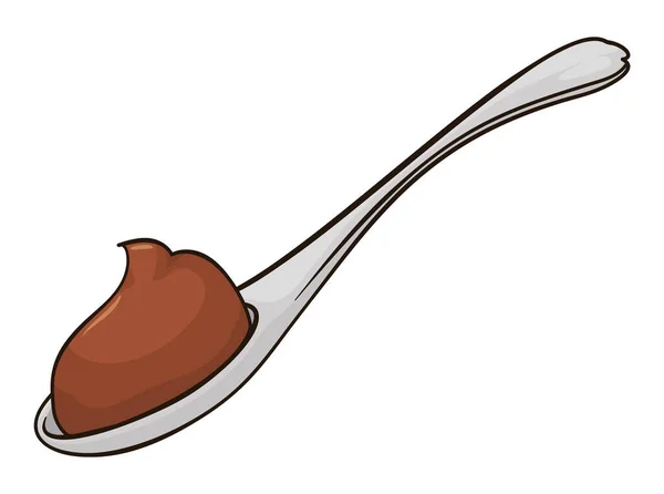你可以看到一只银勺子里放着甜甜的 或焦糖牛奶样品 随时可以享用 — 图库矢量图片