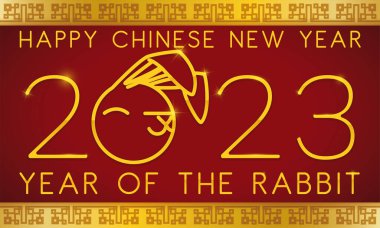 Rabbit head in outlines forming number 2023, greeting in golden color and red background for Chinese New Year.