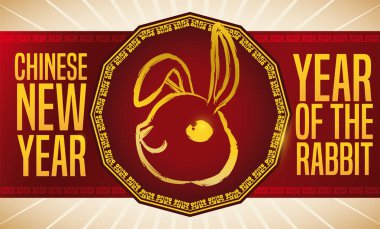 Red label and dodecagon button with bunny head in golden brushstrokes, celebrating the Chinese New Year of Rabbit.