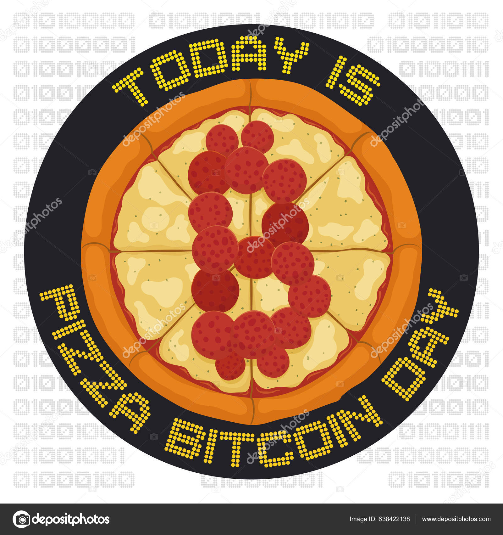 圆形比萨配上像比特币符号和像素符号一样的胡椒香肠以庆祝比萨比特币日背景中以二进制代码书写图库矢量图©PenWin 638422138
