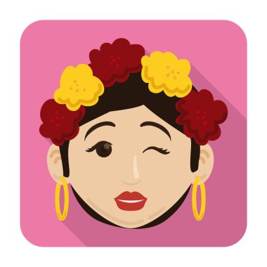 Button with rounded corners with Barranquilla's Carnival woman face with flowers and earrings, winking at you. Design in flat style and long shadow.