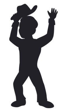Dark silhouette of man with raised hands and holding him hat, isolated over white background.
