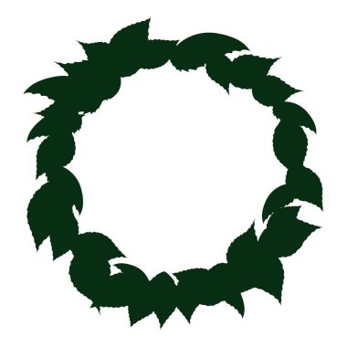 Dark and green leaves in rounded wreath silhouette, isolated over white background.