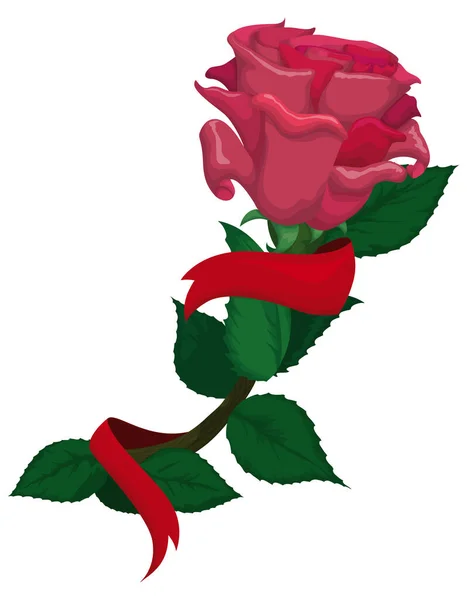 Isolated Pink Rose Red Ribbon Wrapped Stem Leaves Design Cartoon — Image vectorielle