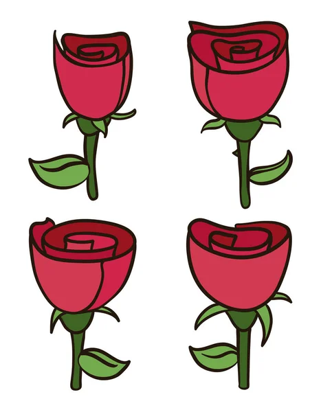 Set Four Pink Roses Sepal Leaves Rosehips Stems Outlines Flat — Διανυσματικό Αρχείο