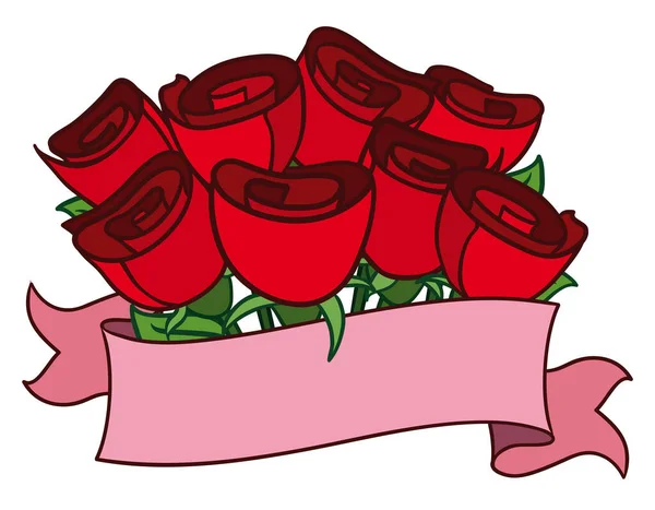 Blumengesteck Mit Einer Gruppe Roter Rosen Umwickelt Mit Rosa Schleife — Stockvektor