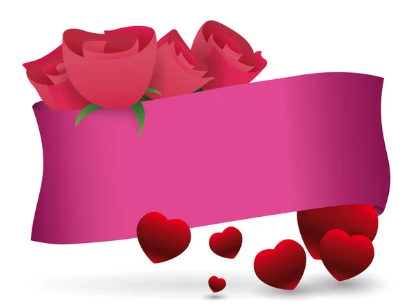 Plantilla Diseño Con Etiqueta Fucsia Envolviendo Rosas Rosadas Corazones Flotantes — Vector de stock