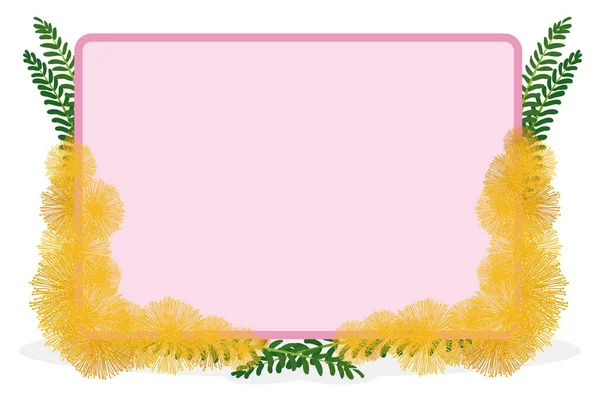 Template Design Pink Card Decorated Yellow Mimosa Flowers Green Branches — Vetor de Stock