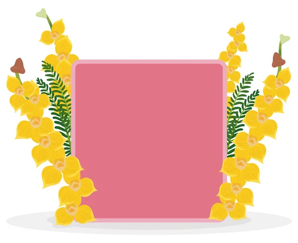 Ροζ Πινακίδα Διακοσμημένη Πράσινα Κλαδιά Και Κίτρινες Ορχιδέες Σχεδιασμός Προτύπου — Διανυσματικό Αρχείο