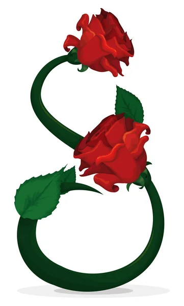 Abstrakcja Numer Osiem Długą Zieloną Łodygą Liśćmi Czerwonymi Różami Okazji — Wektor stockowy