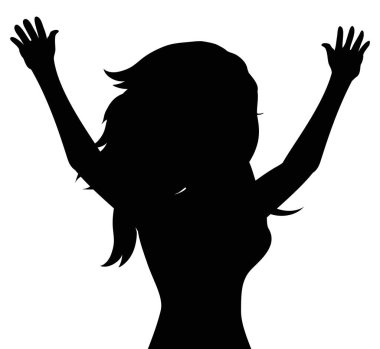 Beyaz arka planda, elleri havada, esmer bir kadın silueti..